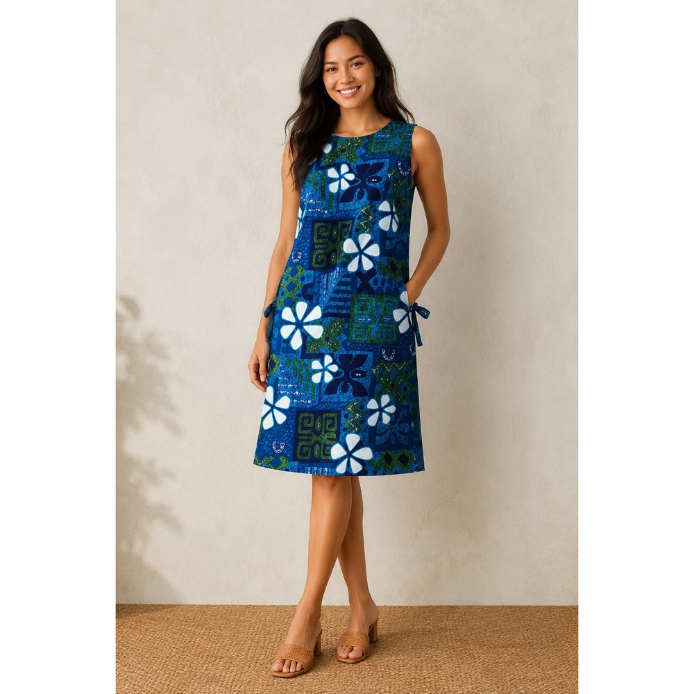 Vintage 60s Royal Hawaiian Dress Made in Hawaii Cotton Tiki Mod Pockets M